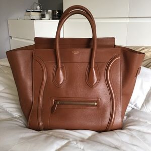 Celine mini luggage hand bag in tan.